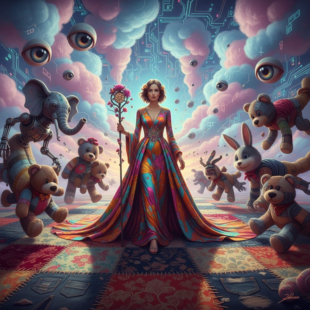 Surreal Woman in Floral Dress Amidst Dreamlike Landscape