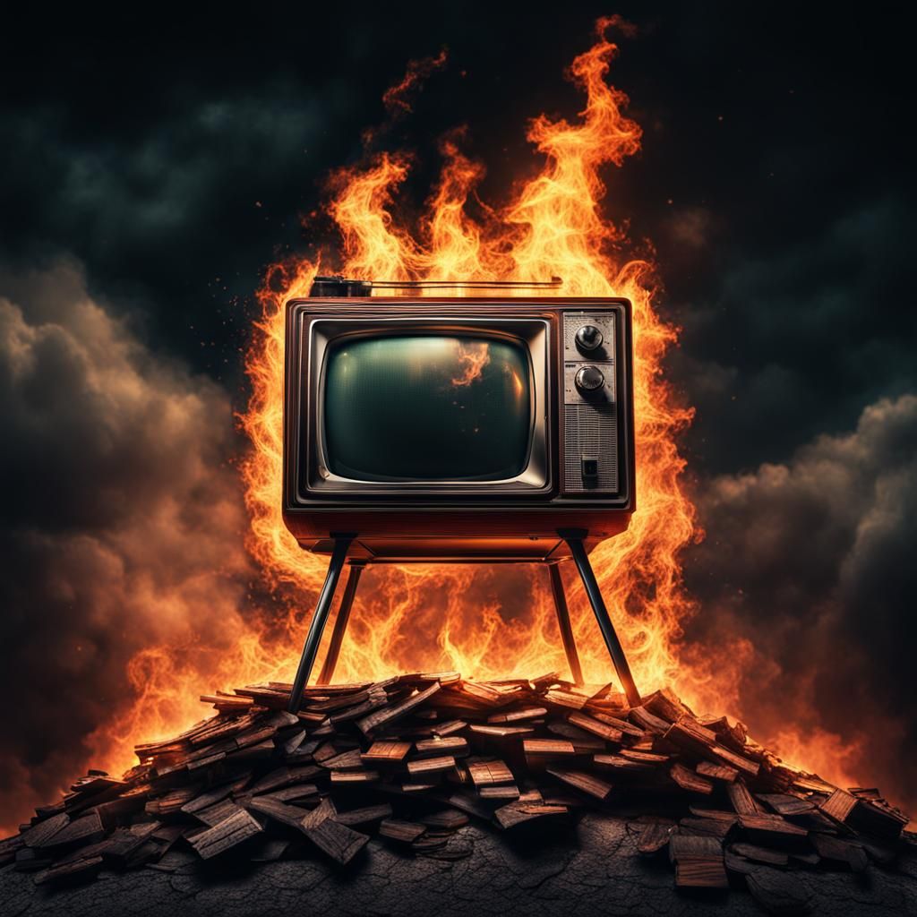 Man Stands Atop Burning Retro TV: Hyperrealistic Image