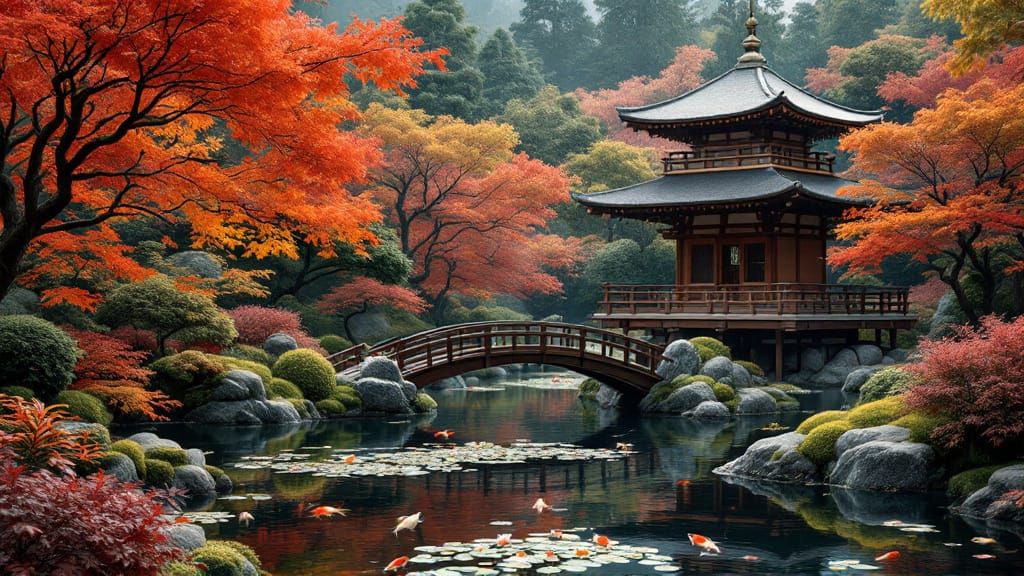 Japanese Garden with Pagoda in Hokusai Style