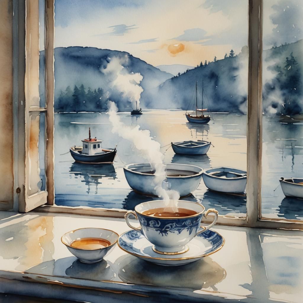 Serene Teacup Scene in Watercolor Style