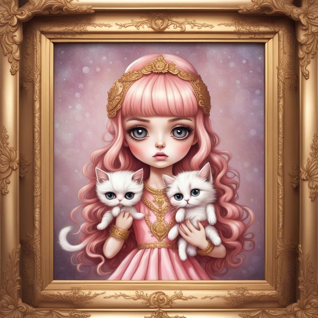 Chibi Doll with Kitten in Pop Surrealism Style