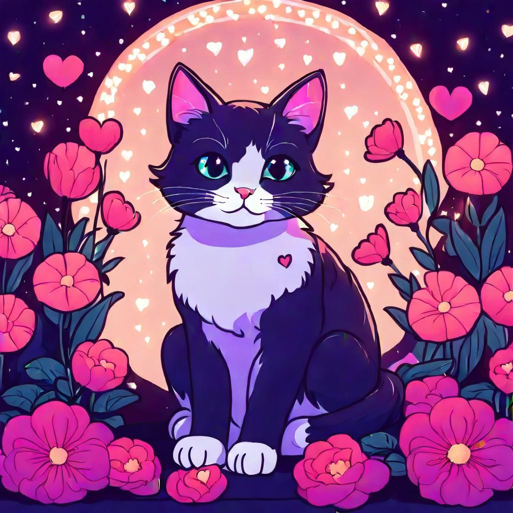 Cute Cat Surrounded by Flowers and Heart Lights