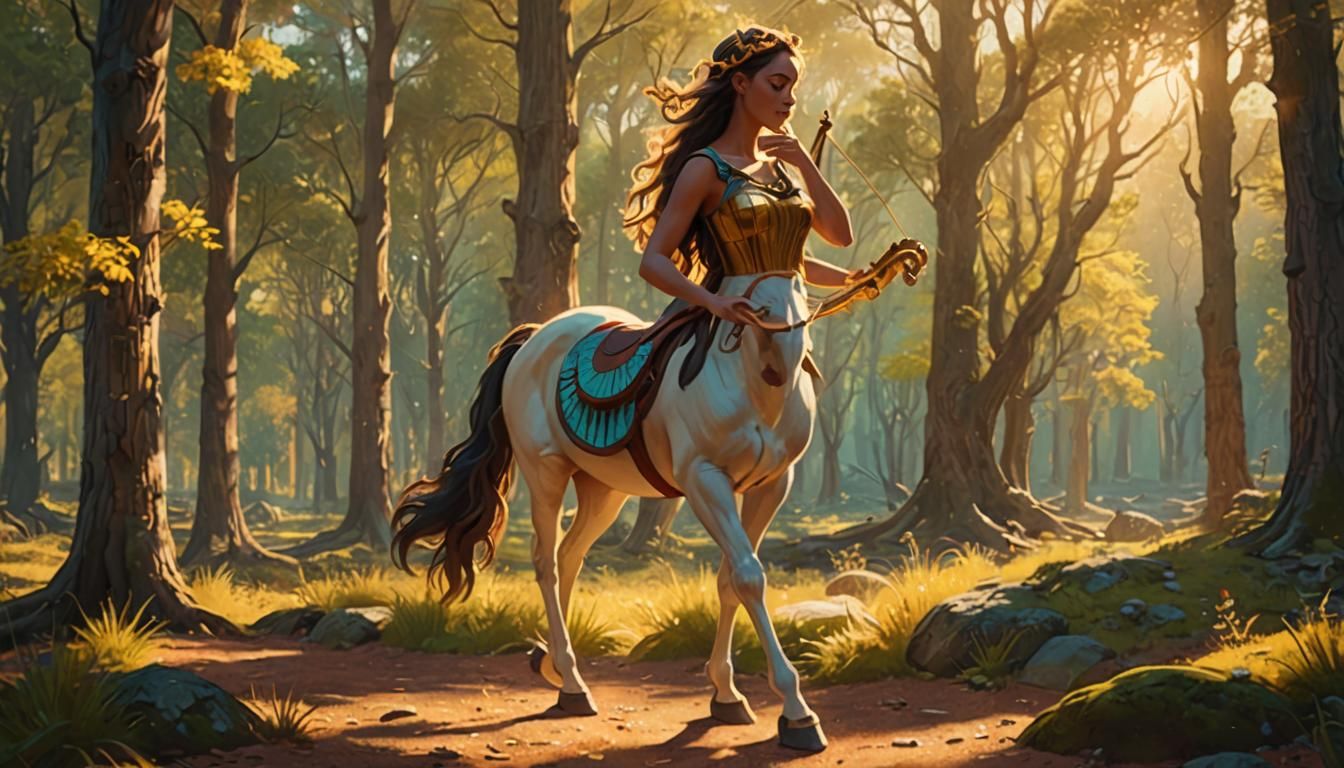 Teen Centaur Plays Lyre in Sunlit Forest