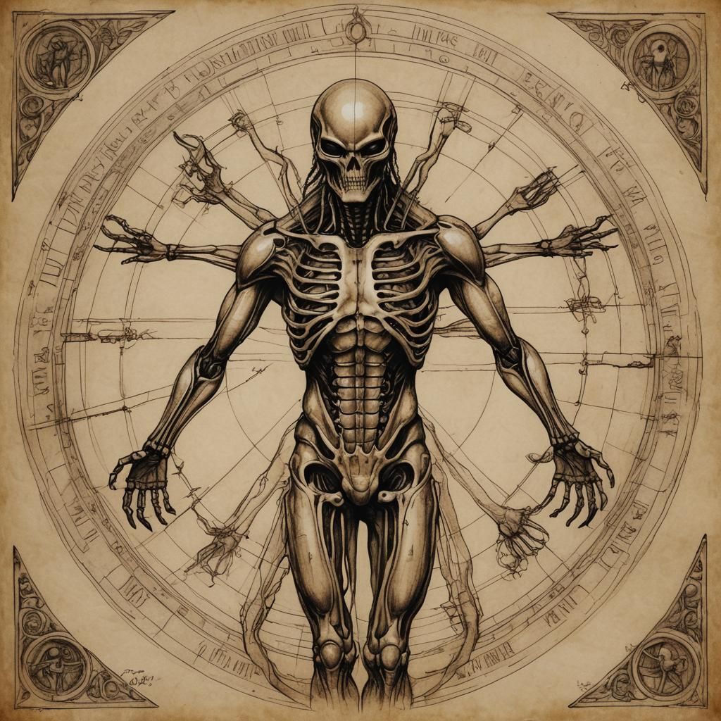 Xenomorph as Vitruvian Man in Da Vinci Style
