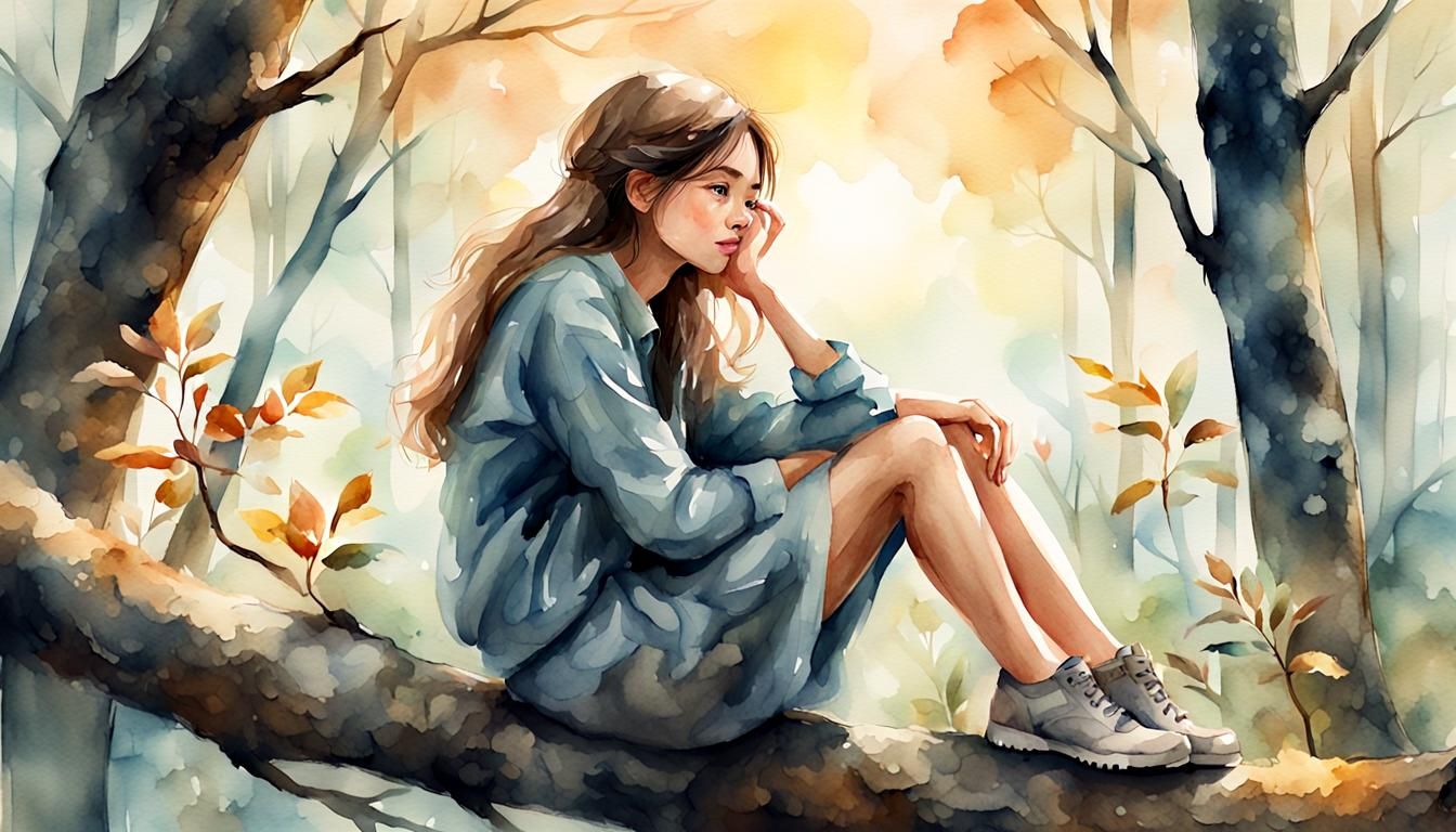 Watercolor Girl on Branch in Whispering Woods