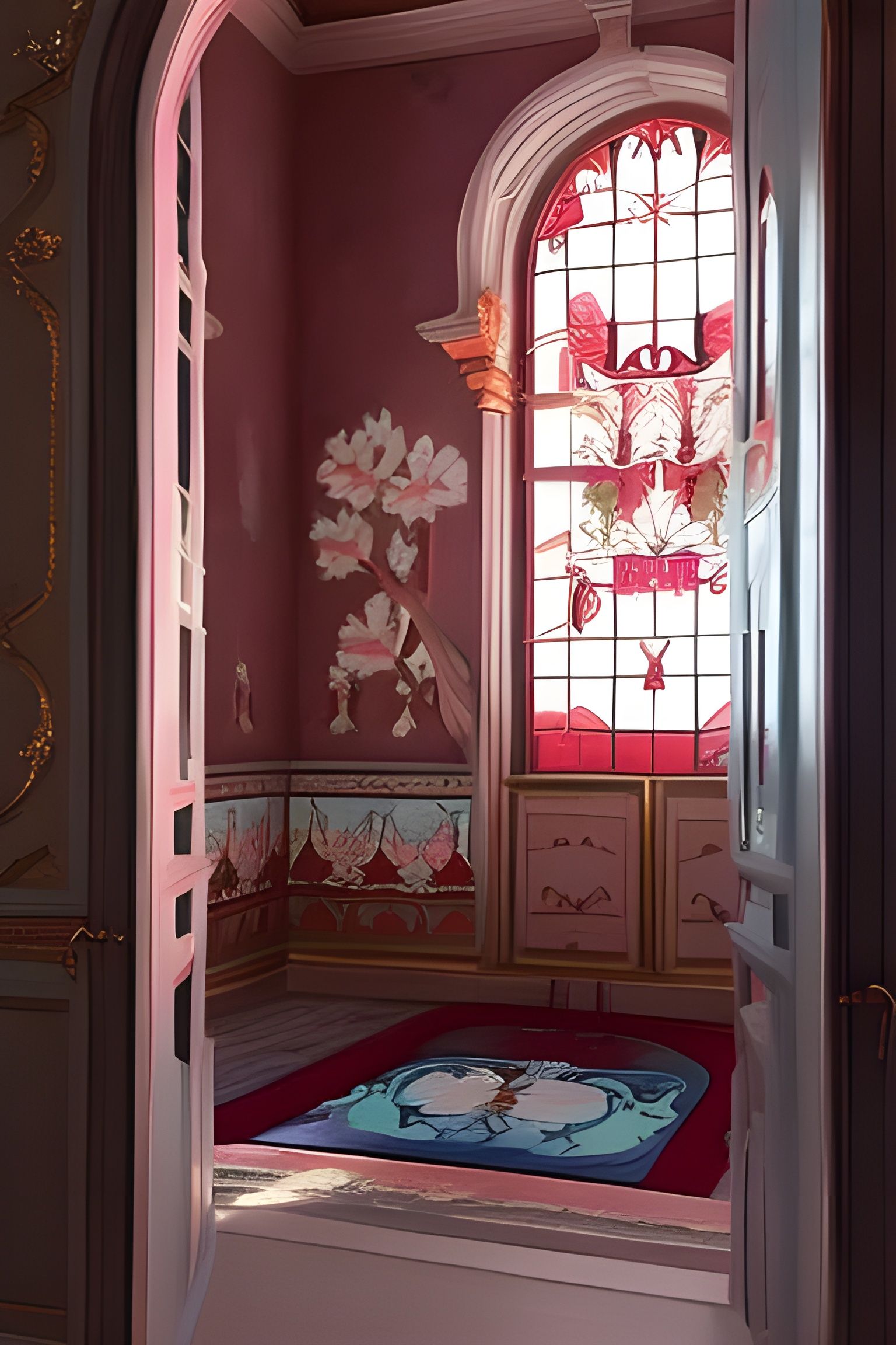 Cyberpunk-Rococo Villa Interior with Peonies
