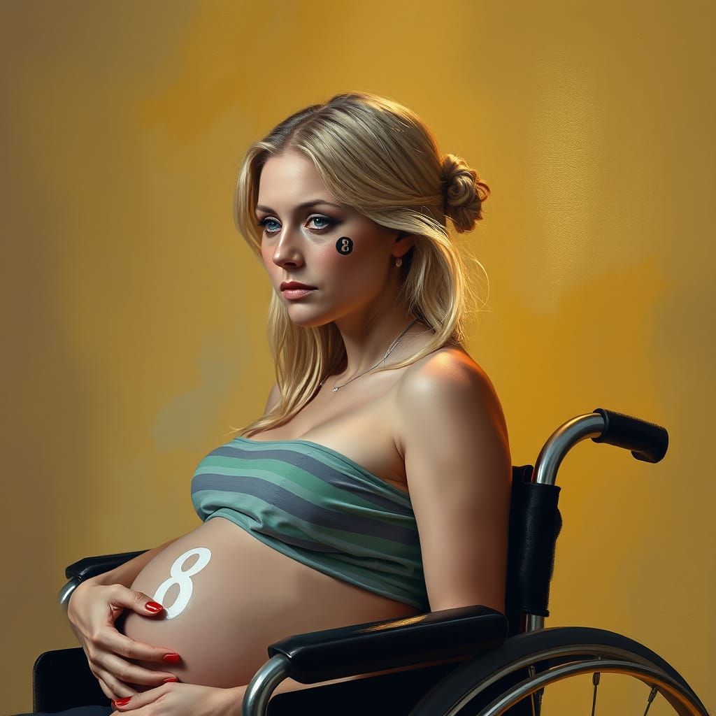 Pregnant Woman in Wheelchair with 8 Tattoo, Warm Golden Back...