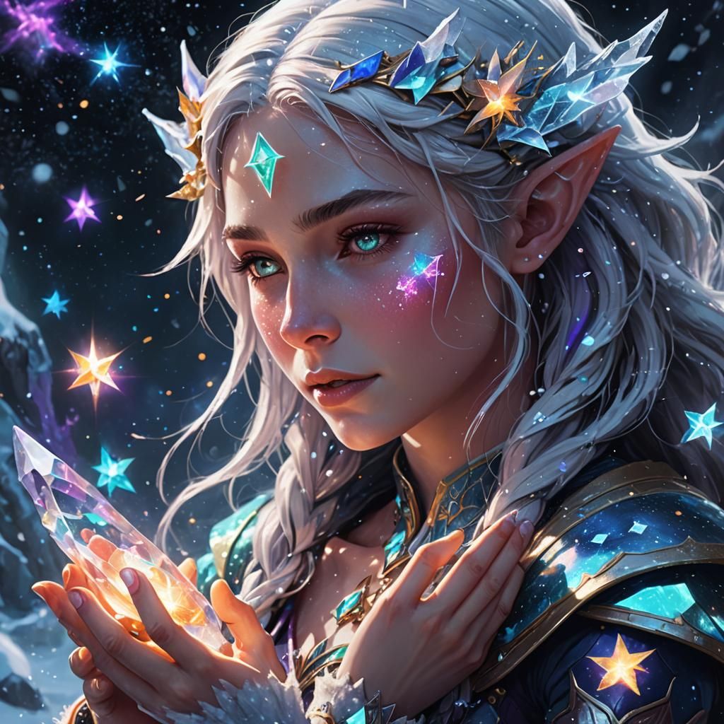 Celestial Elf in Snowy Space with Healing Aura