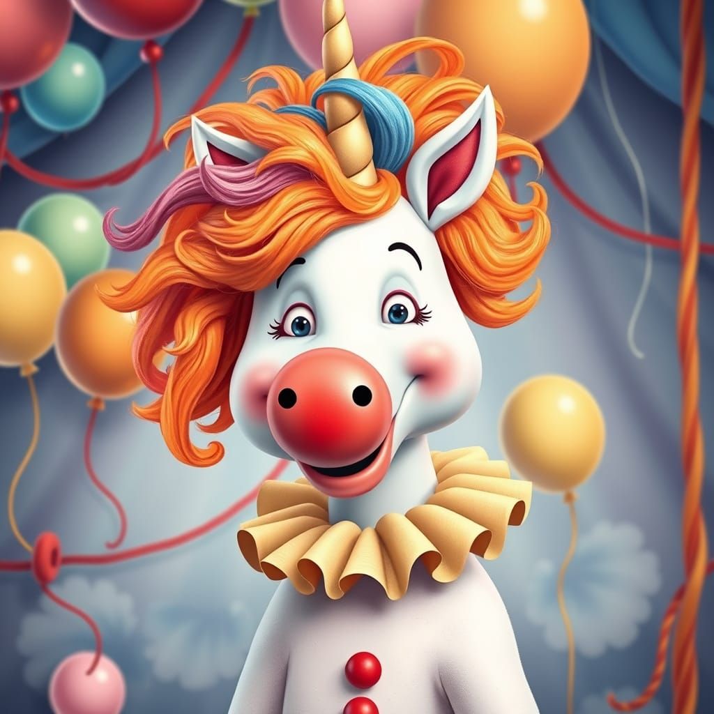 Whimsical Unicorn Clown in a Dreamy Circus Scene