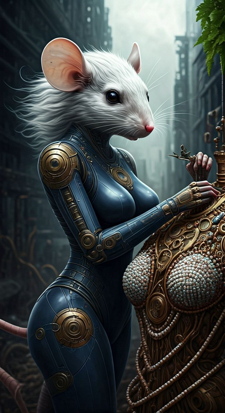 Mouse-Woman Mechanic in Post-Apocalyptic Cityscape