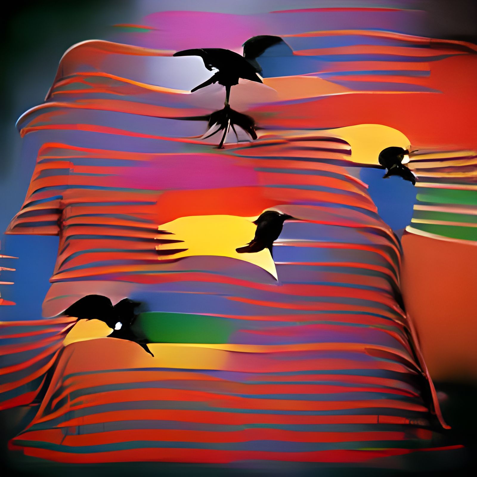 Colorful Blackbirds in Mid-Century Modern Style