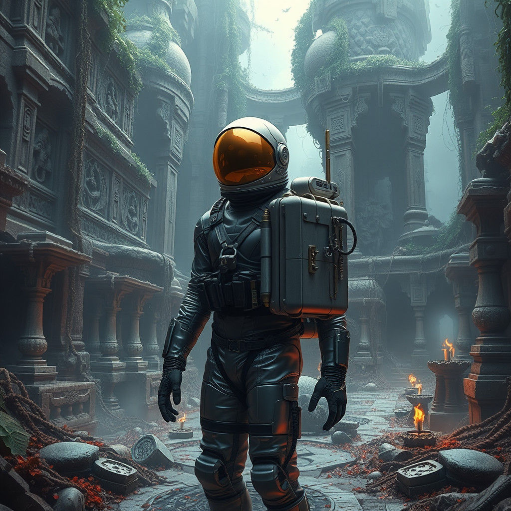 Astronaut Exploring Ancient Ruins in Sci-Fi Style