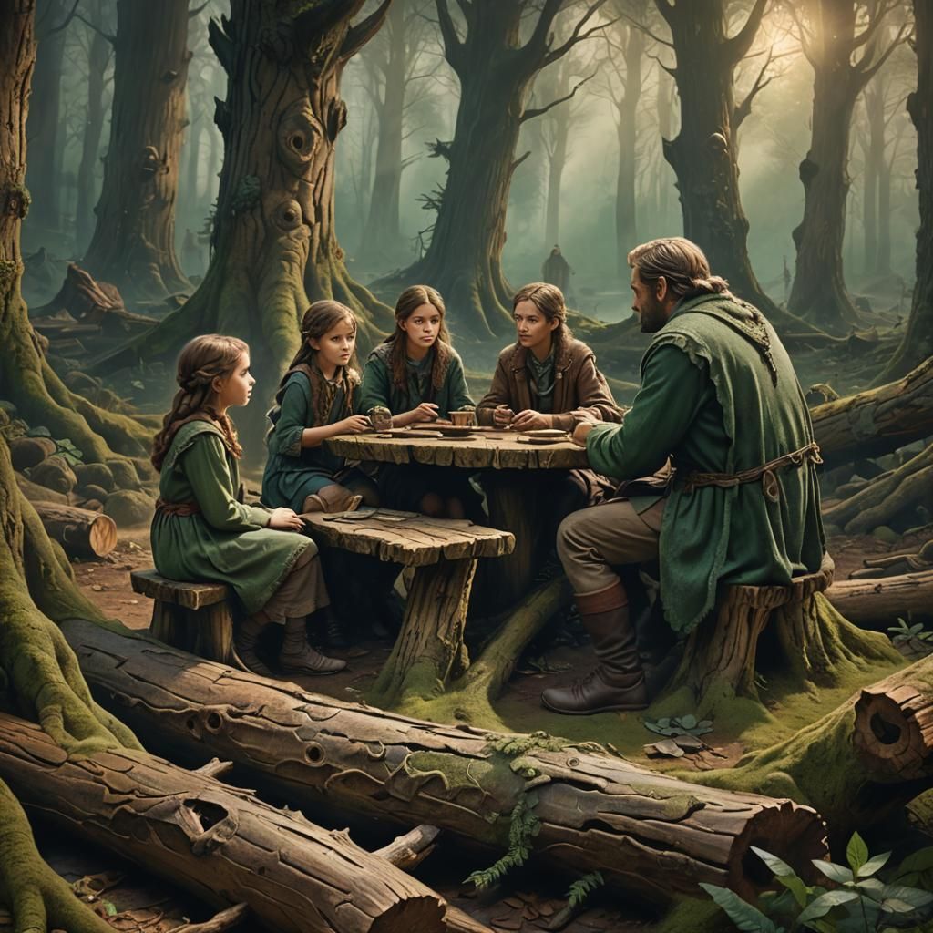 Mystical Forest Family in High Fantasy Oil Painting