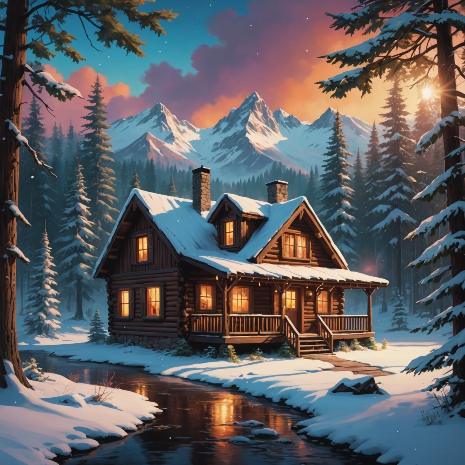 Christmas Cabin in Snowy Woods, Bob Ross Style