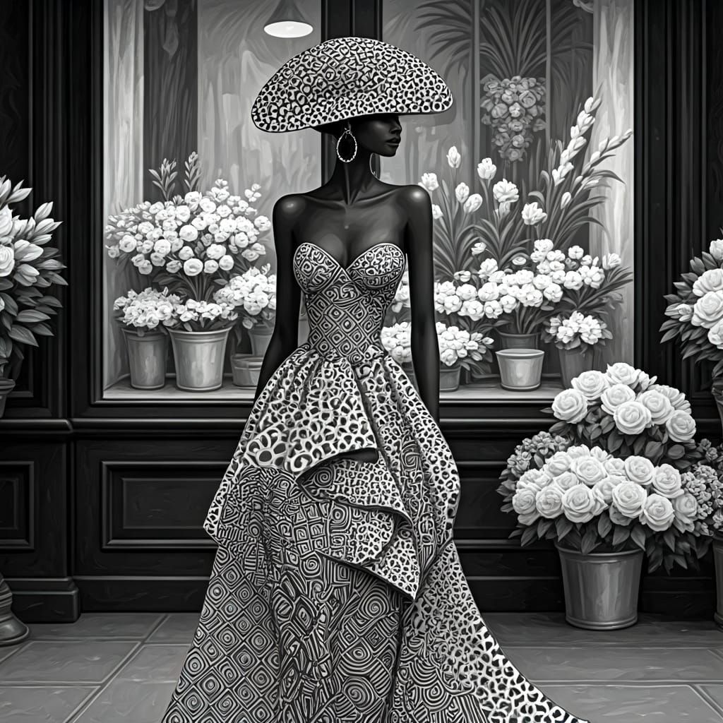 Elegant Woman in Zentangle Dress at Flower Shop