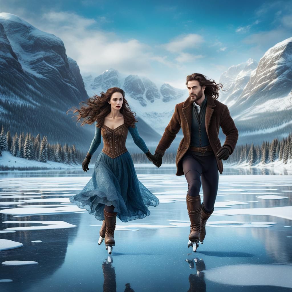 Skaters on a Frozen Lake: Fantasy Matte Painting