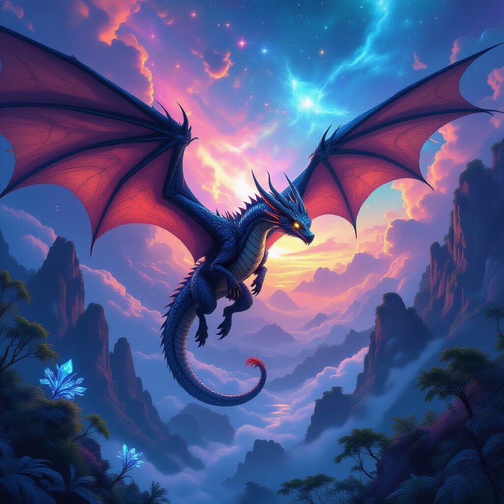 Dragon Soaring Through Nebula Over Alien Rainforest