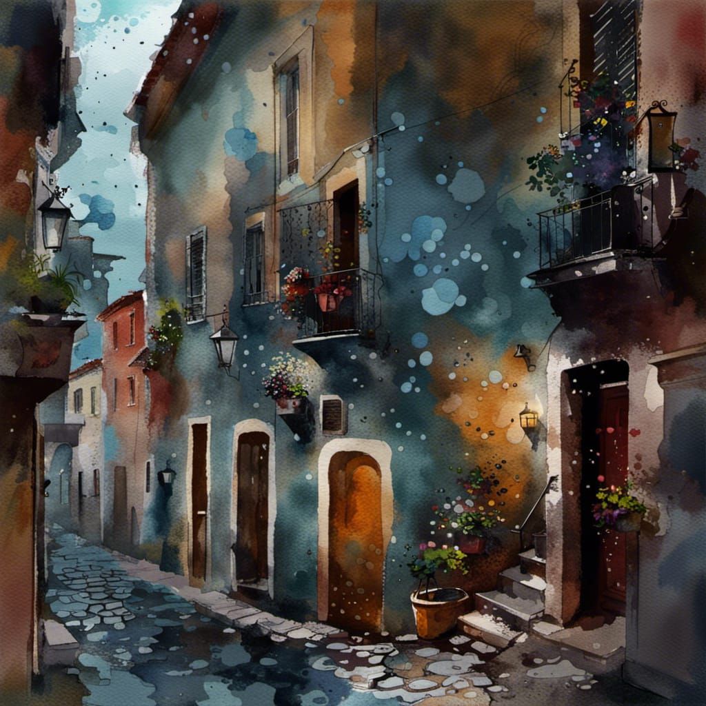 Vila Campobasso, Italy in Gouache Watercolor Style