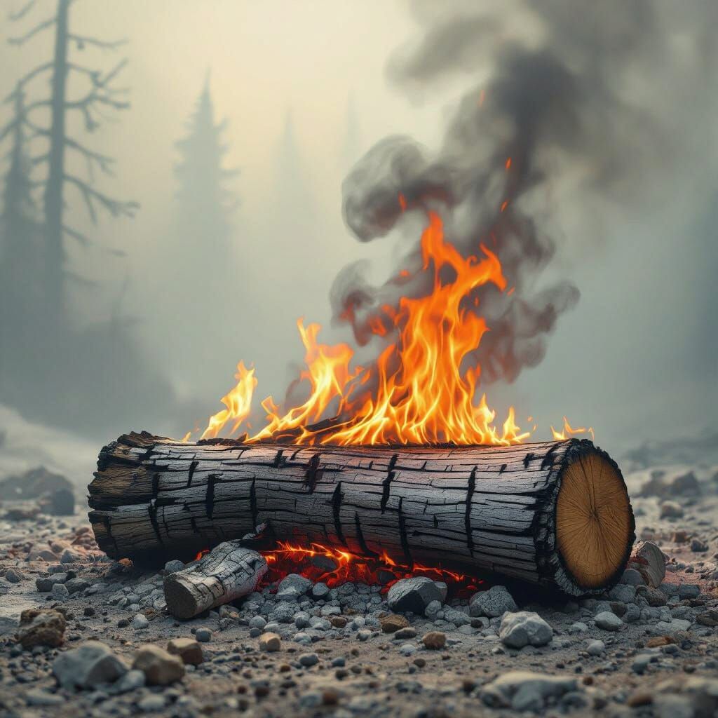 Surreal Burning Log in Contrasting Styles