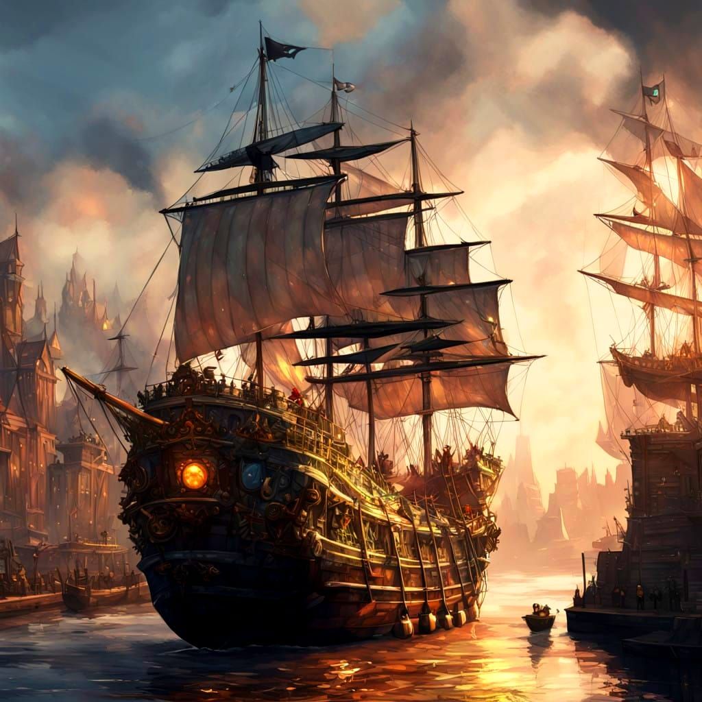 Epic Victorian-Era Ship in Bustling Harbor Scene