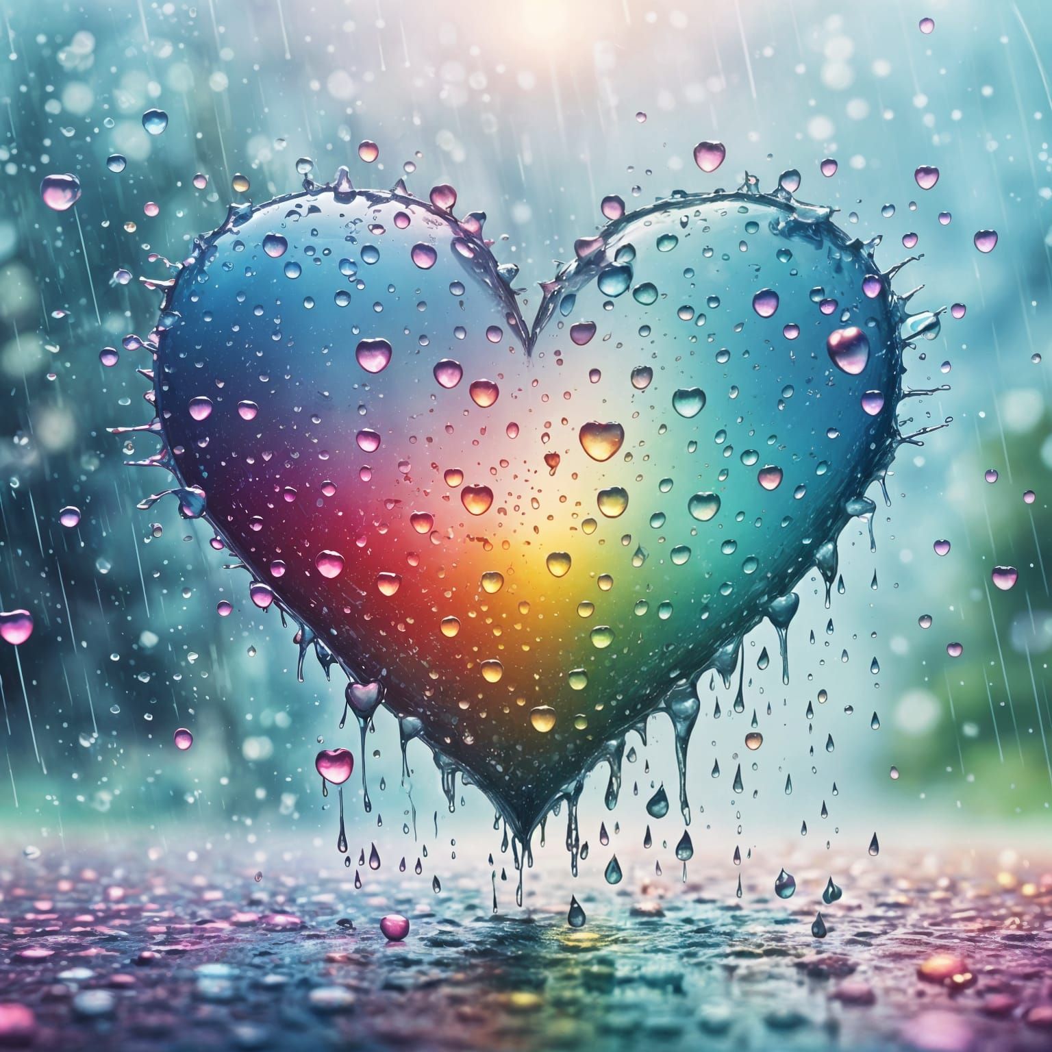 Heart-Shaped Raindrops in Hyperrealistic Splash Art