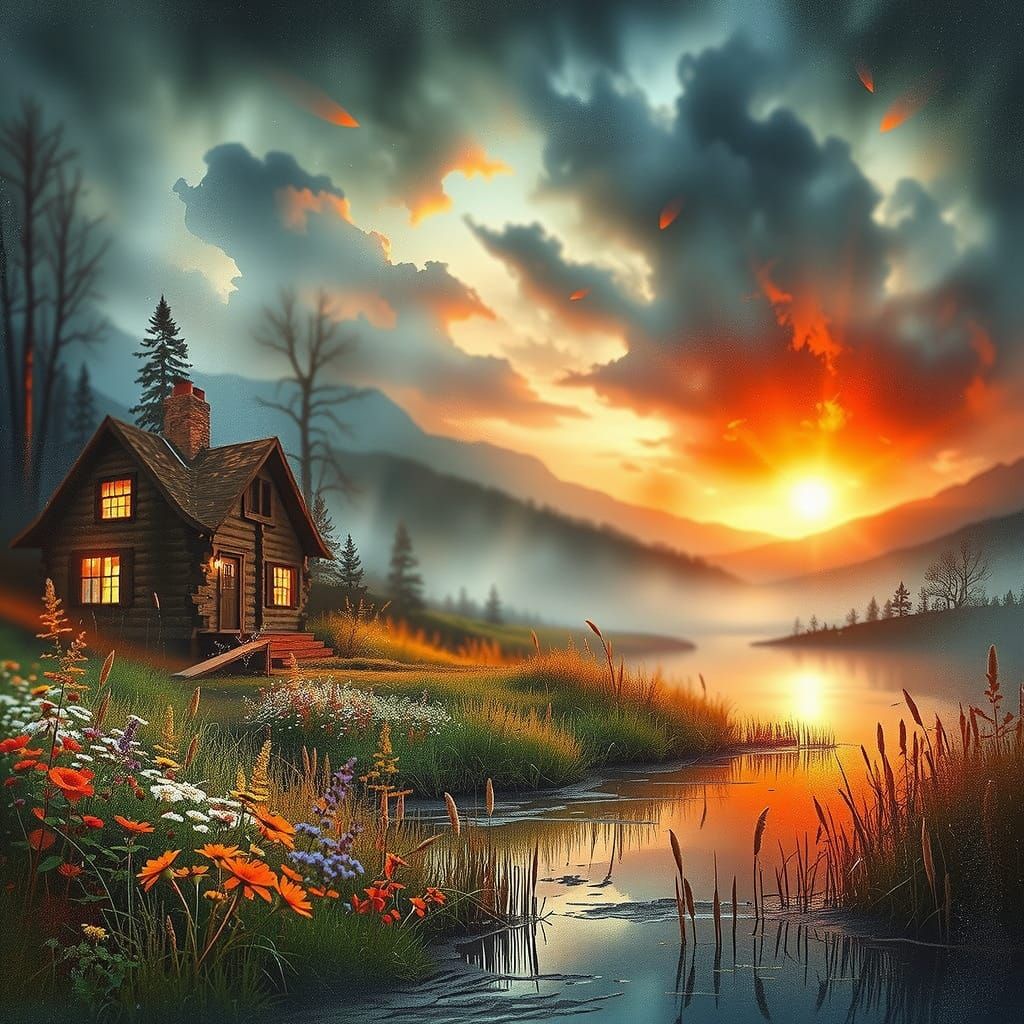 Misty Cabin at Sunset: Watercolor Landscape