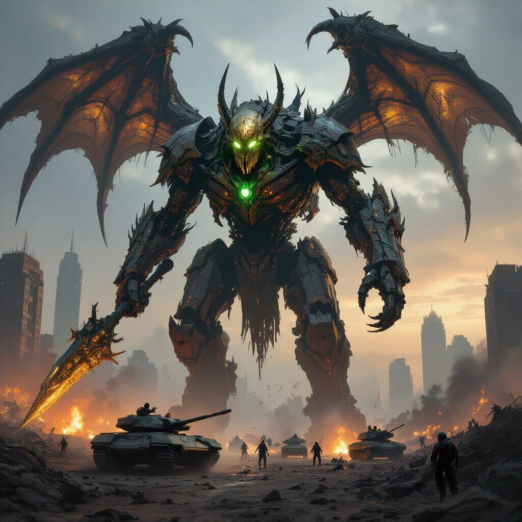 Colossal Grimdark Warbeast in Devastated City