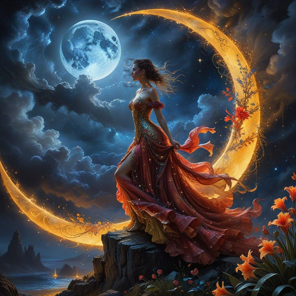 Moonlit Enchantress in a Whimsical Starry Night Scene