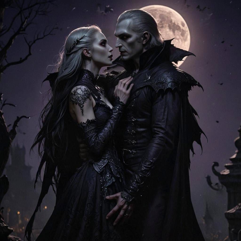 Vampire Couple Embrace in Moonlight: Dark Fantasy Art