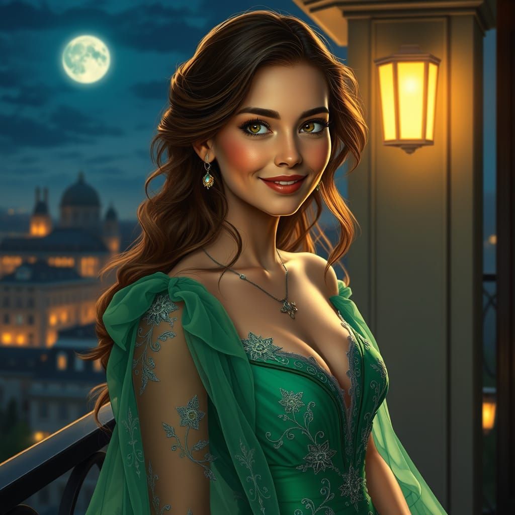 Elegant Woman in Emerald Gown on Balcony