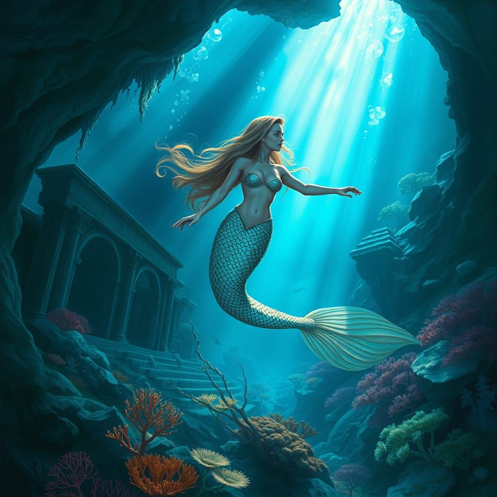 Mystical Mermaid Enters Bioluminescent Underwater Cavern