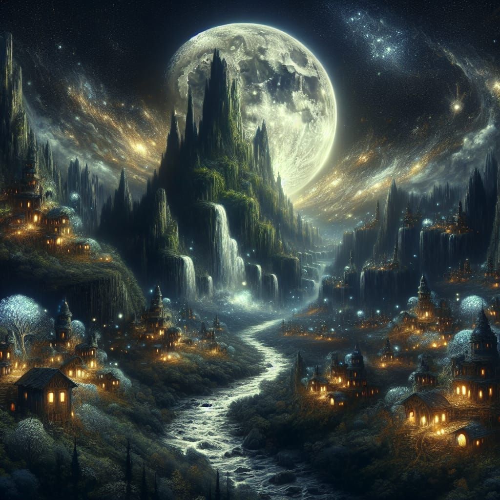 Ethereal Valley at Night with Moon Waterfalls