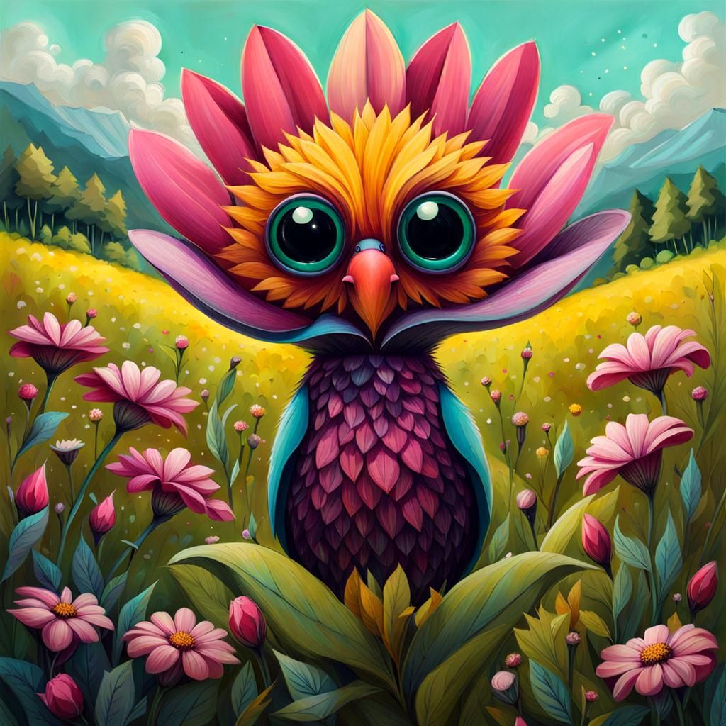 Vibrant Anthropomorphic Flower Creature in Meadow