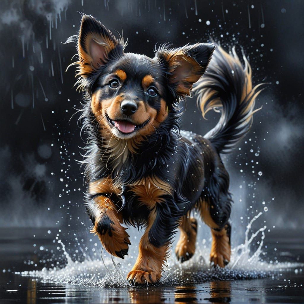 Happy Puppy Jumps in Rainy Watercolor Painting