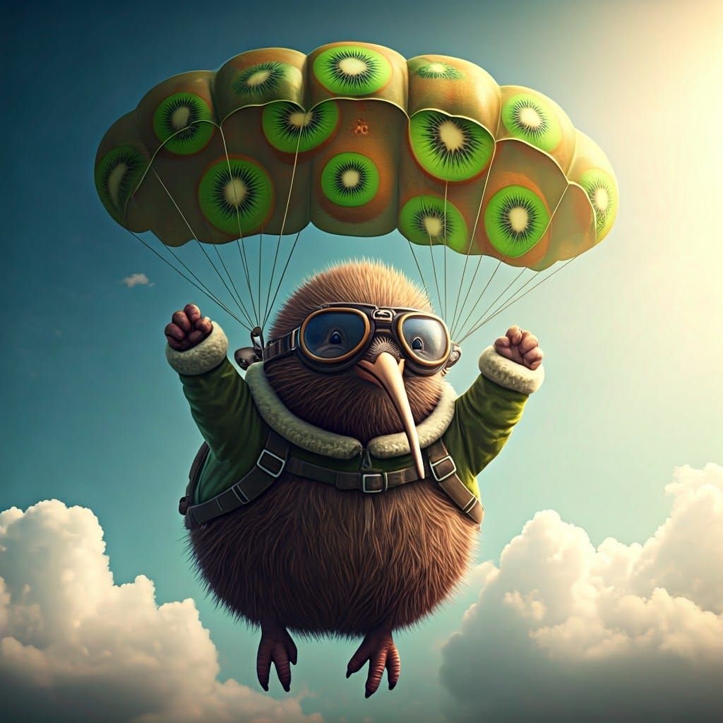 Joyful Kiwi Bird Skydiving in Artgerm Style