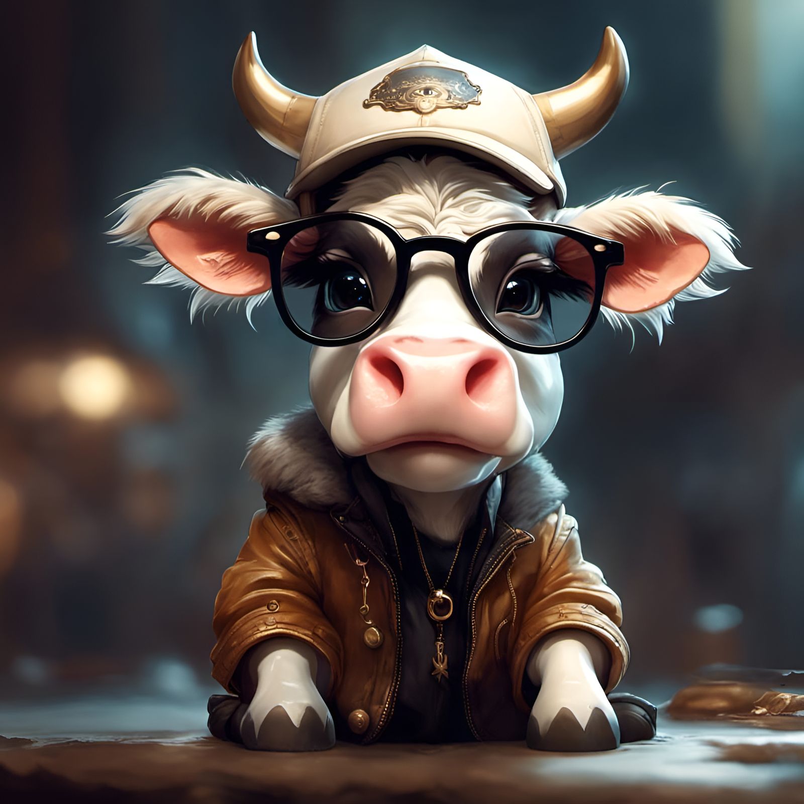 Chibi Cow in Cap and Glasses, Detailed 3D Render
