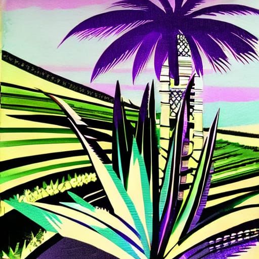 Purple Palm Tree in Ukiyo-e Style