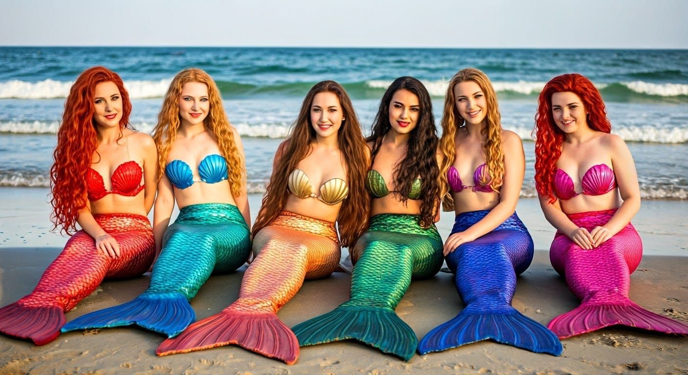 Six mermaids are sitting closely together along the shorelin...