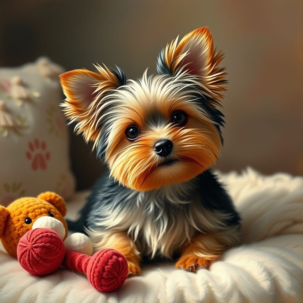 Intimate Portrait of a Toy Yorkie in Warm, Cozy Domestic Set...