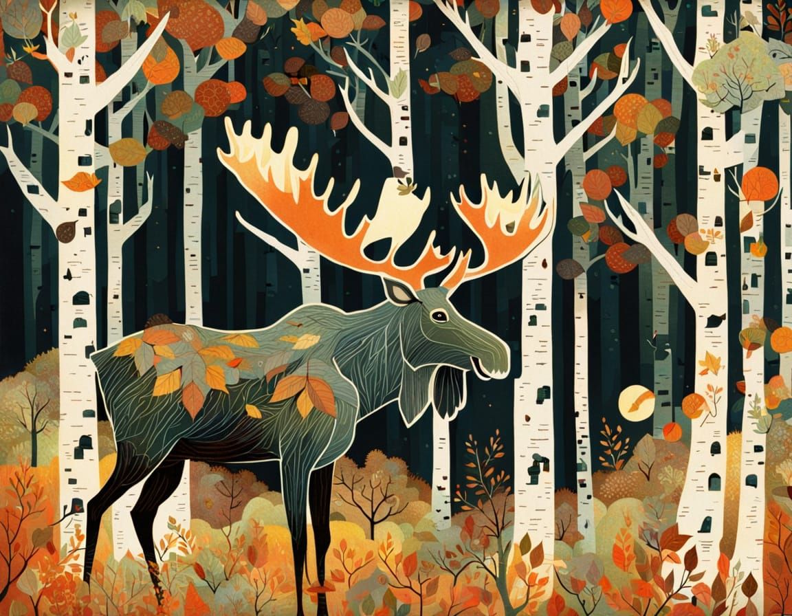 Majestic Moose Amidst Birch Forest Canopy