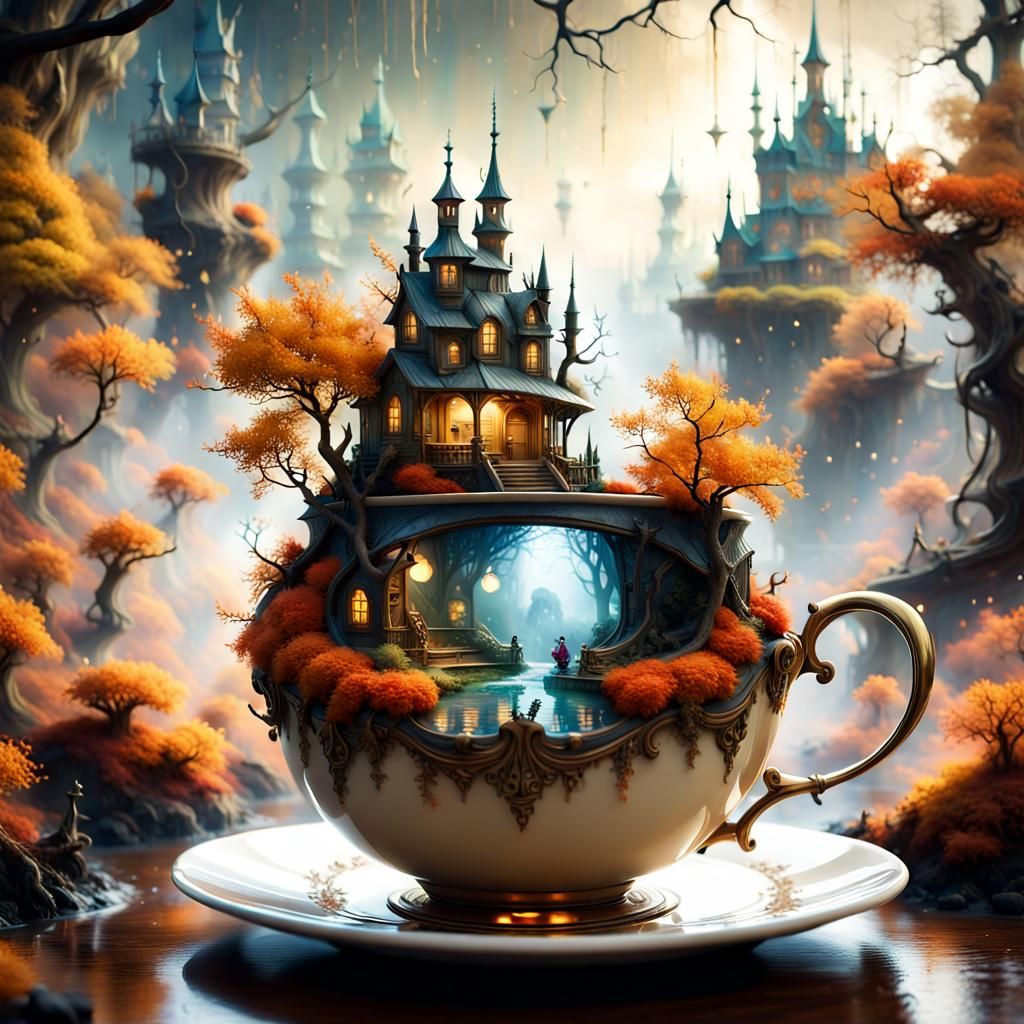 Miniature Fantasy World in Teacup, Digital Illustration
