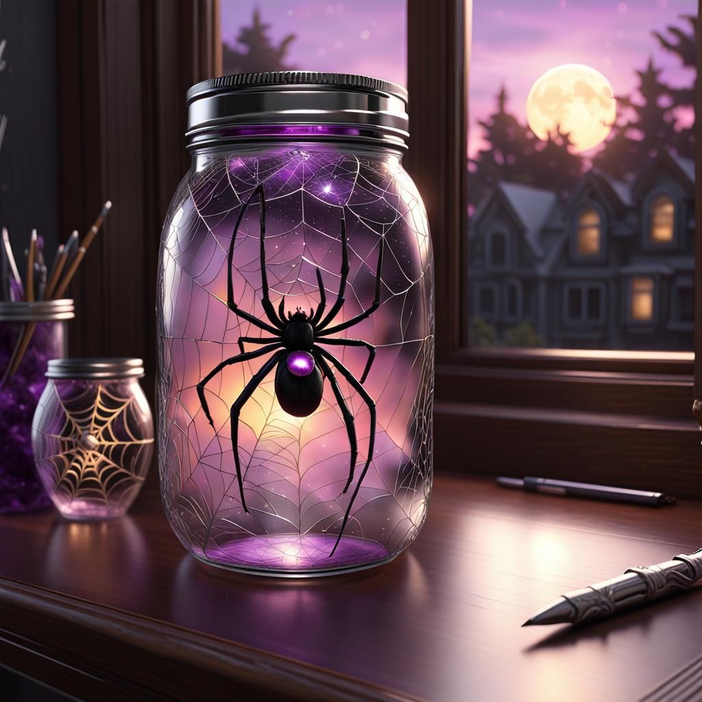 Silver Spiderwebs and Amethyst Spider in Hyperreal Detail