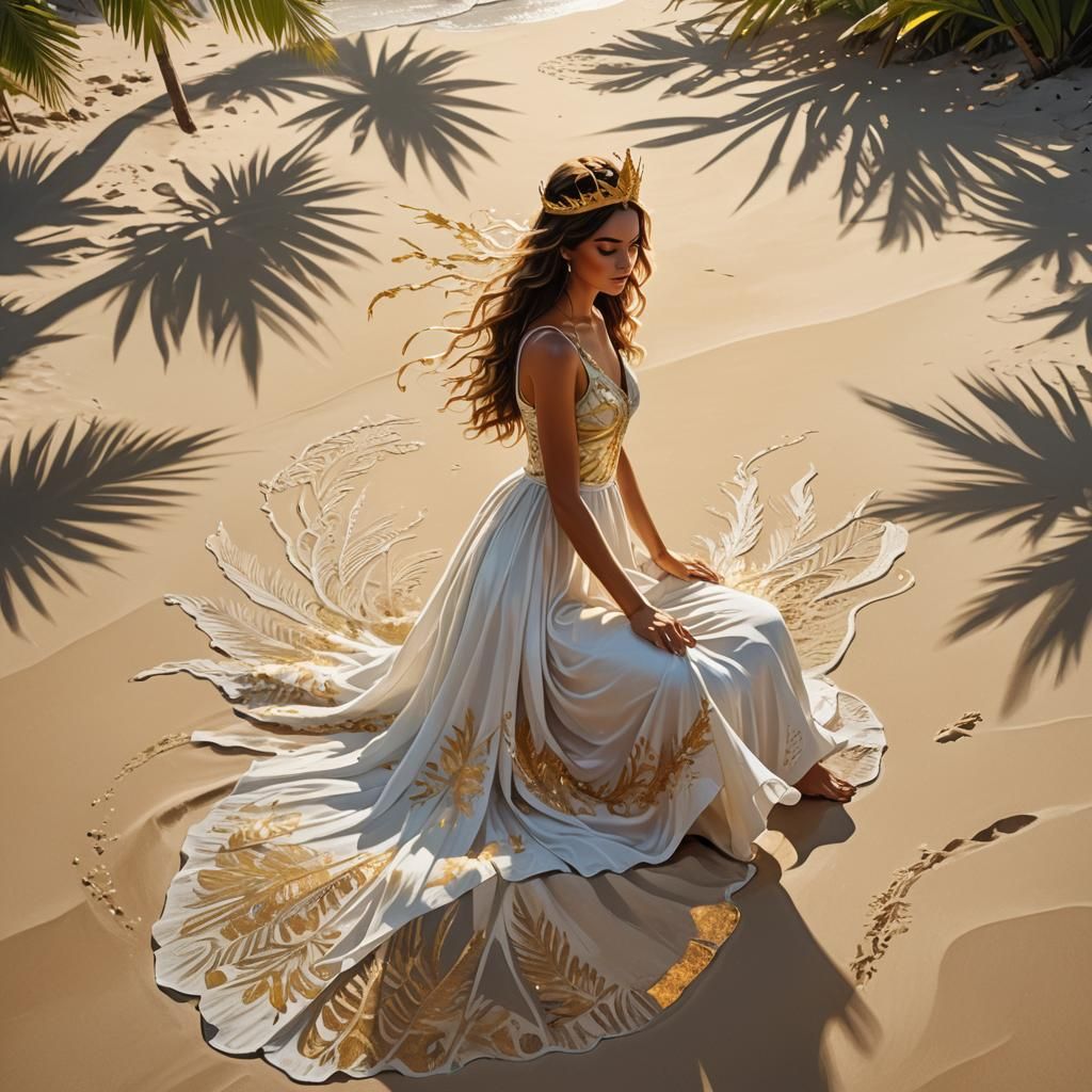 Girl on Sunny Beach: Fantasy Oil Painting