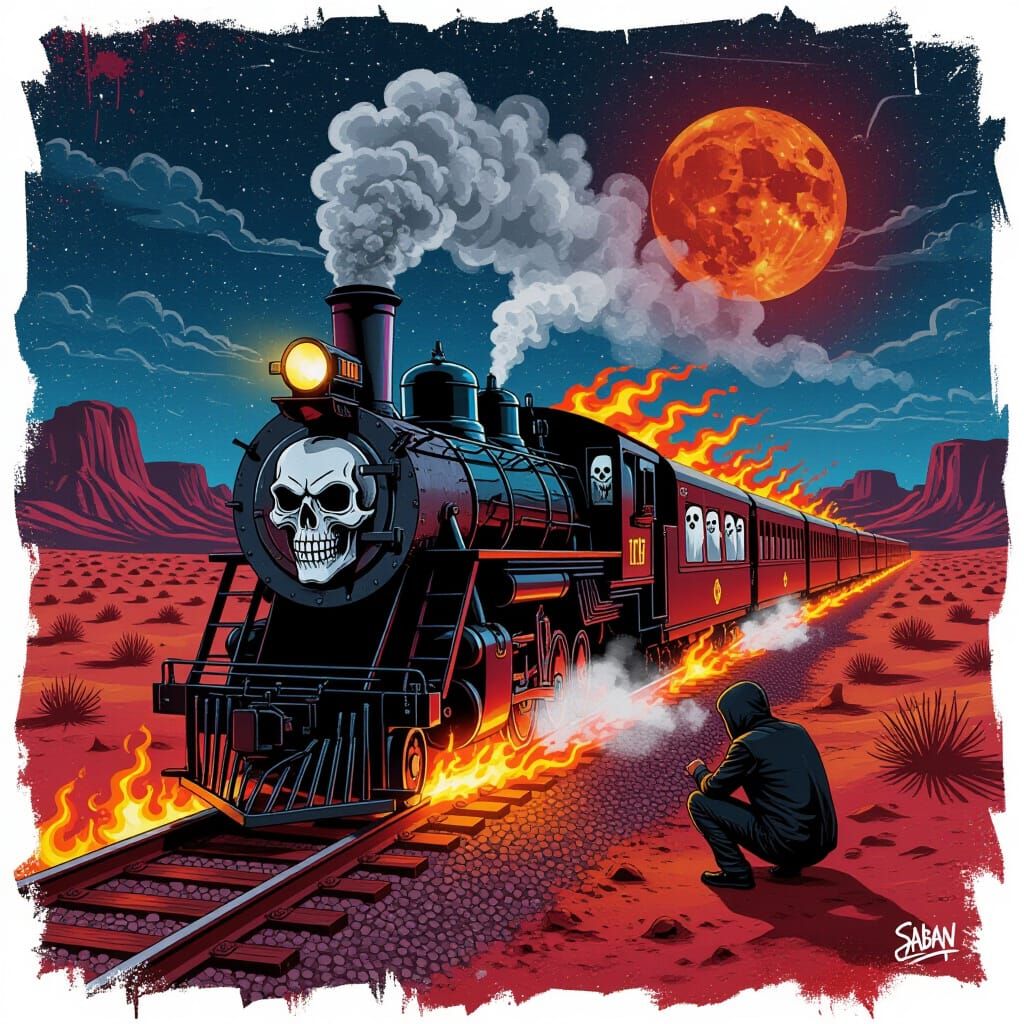 Ghost Train Haunts Fiery Desert Under Blood Moon
