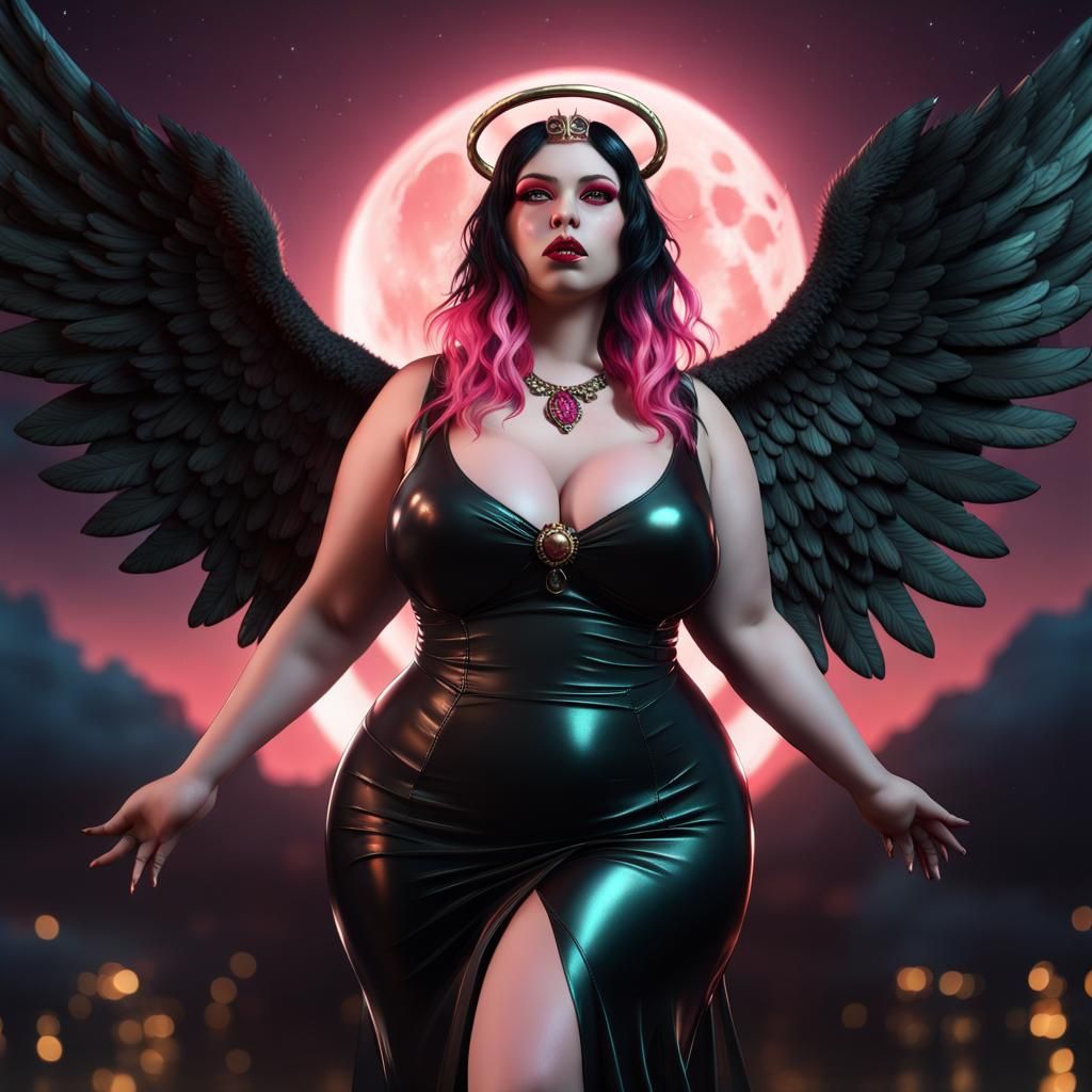 Angelic Goth Woman with Blood Moon, Digital Illustration