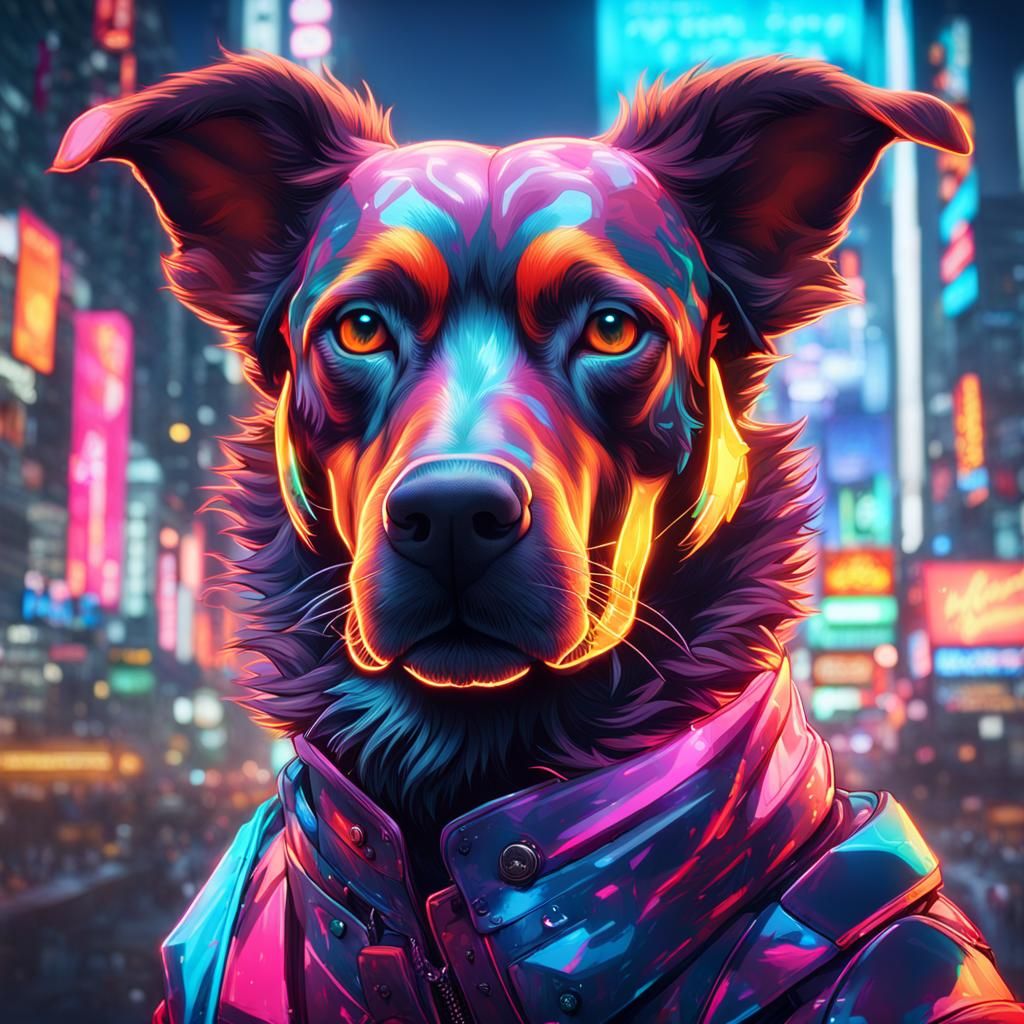 Neon Dog Portrait in Tokyo: Hyperdetailed Digital Art