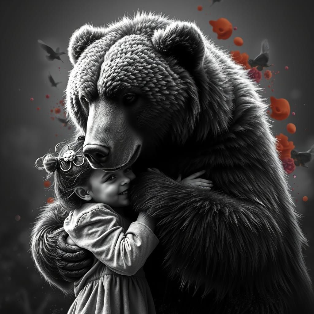 Intimate Moment Between Girl and Grizzly Bear in Hyperrealis...