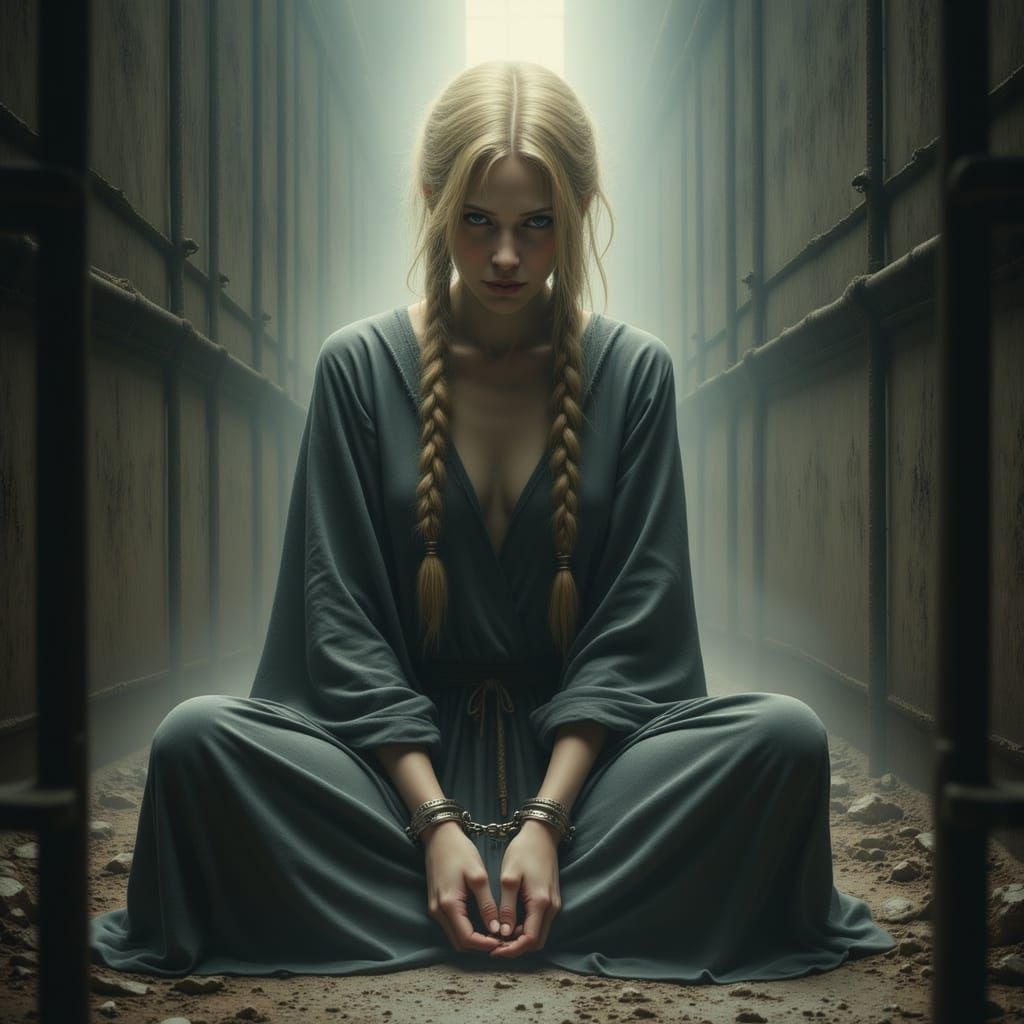 Blonde Girl Handcuffed in Prison Cell, Cinematic Concept Art