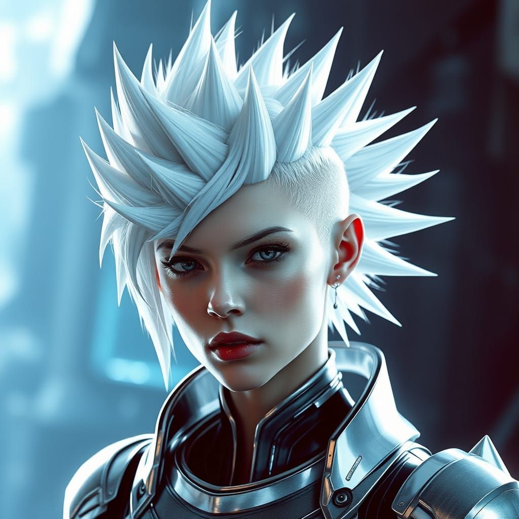 Futuristic Warrior with White Hair in Sci-Fi Cityscape