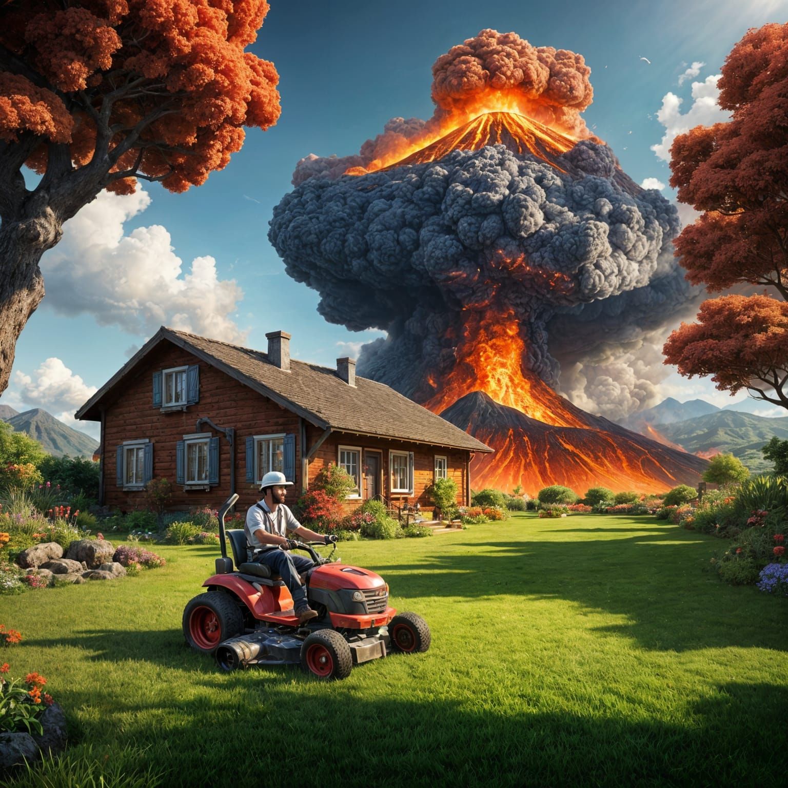 Volcano Eruption with Man Mowing Lawn, Photorealistic
